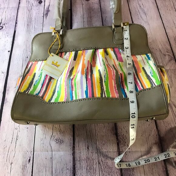 NWT Baekgaard Tan Leather Frame Shoulder Bag Watercolor Stripe Side Pockets - Picture 10 of 11